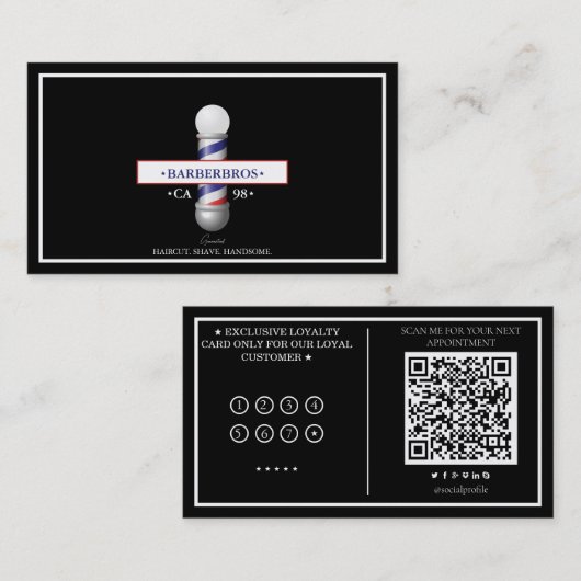 モダンバーバーショップ理容師ポールエレガントブラックロイヤリティ 名刺 (正面/裏面)