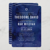 モダンバー(ユダヤ教の)バル・ミツバーダークブルーシンプルパターン 招待状 (正面/裏面)