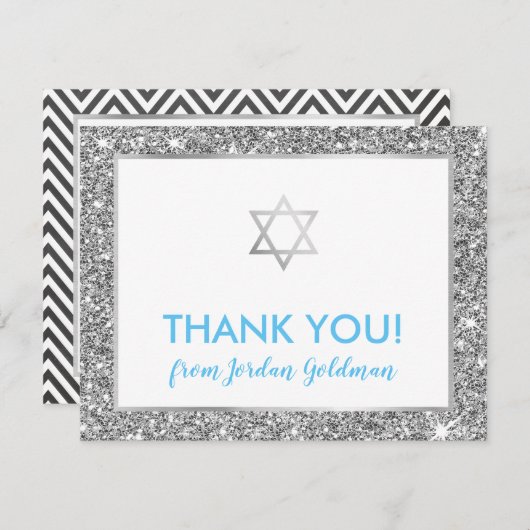 モダンバー(ユダヤ教の)バル・ミツバー感謝していユーシルバークールグリッター サンキューカード (正面/裏面)
