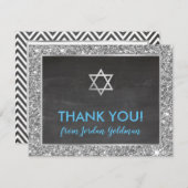 モダンバー（ユダヤ教の）バル・ミツバー感謝していユーシルバーグリッターグレー サンキューカード (正面/裏面)