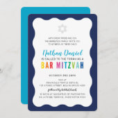 モダンバー（ユダヤ教の）バル・ミツバー虹の色の波縁ど青 招待状 (正面/裏面)