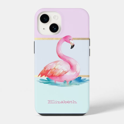 モダンパステルストライプ,ピンクフラミンゴ iPhoneケース (裏面)