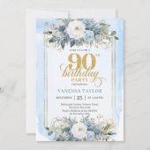 モダンパステルブルーゴールドデザイン 90歳の誕生日招待状 招待状 (正面)