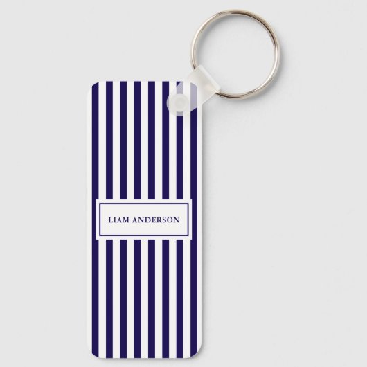 モダンパーソナライズされたシンプルネイビー縦型ストライプの キーホルダー (裏面)