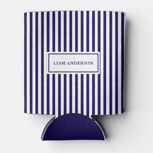 モダンパーソナライズされたシンプルネイビー縦型ストライプの 缶クーラー (正面)