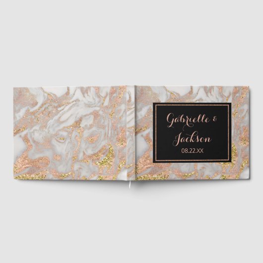 モダンパーソナライズされたフェイクバラ金ゴールド大理石結婚の ゲストブック (全面)
