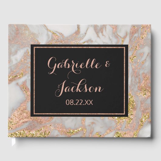 モダンパーソナライズされたフェイクバラ金ゴールド大理石結婚の ゲストブック (正面)