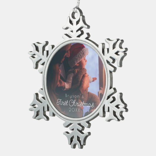 モダンパーソナライズされたベビー初めてのクリスマス写真 スノーフレークピューターオーナメント (右)