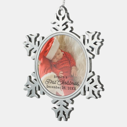 モダンパーソナライズされたベビー初めてのクリスマス写真 スノーフレークピューターオーナメント (右)