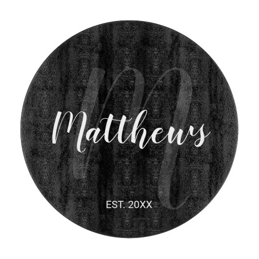 モダンパーソナライズされたモノグラムと姓ブラック カッティングボード (正面)