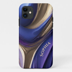 モダンパーソナライズされた抽象芸術青パープルと金ゴールド iPhone 11 ケース