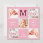モダンパーソナライズされた生まれたばかりの5フォトピンク誕生 案内状 (正面)