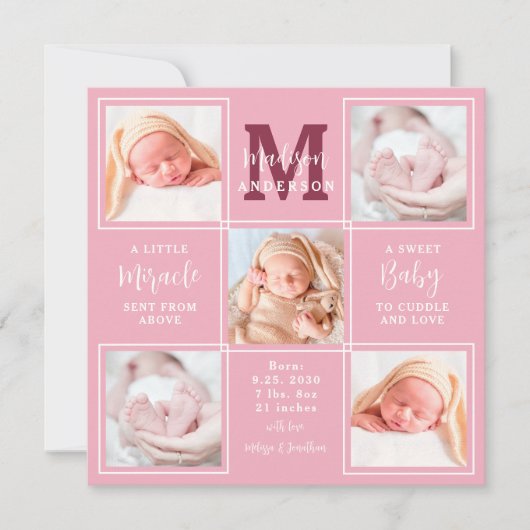 モダンパーソナライズされた生まれたばかりの5フォトピンク誕生 案内状 (正面)