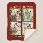 モダンパーソナライズされたChristmas Family Photo Collage シェルパブランケット<br><div class="desc">クリスモダンマス家族パーソナライズされた4写真コラージュ赤いシェルパ毛布。詳細でカスタマイズ。画像は写真と置き換えるイラストレーション専用に表示される。</div>