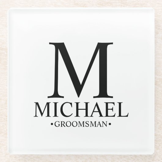 モダンパーソナライズされたMonogram and Name Groomsman ガラスコースター (正面)