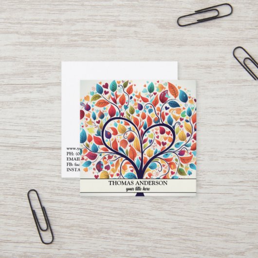 モダンパーソナライズされたTree of Life -カラフル離れ スクエア名刺 (正面/裏面インサイチュ)