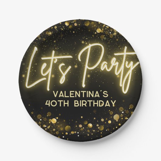 モダンパーティーブラックと金ゴールドネオングローライト ペーパープレート (正面)