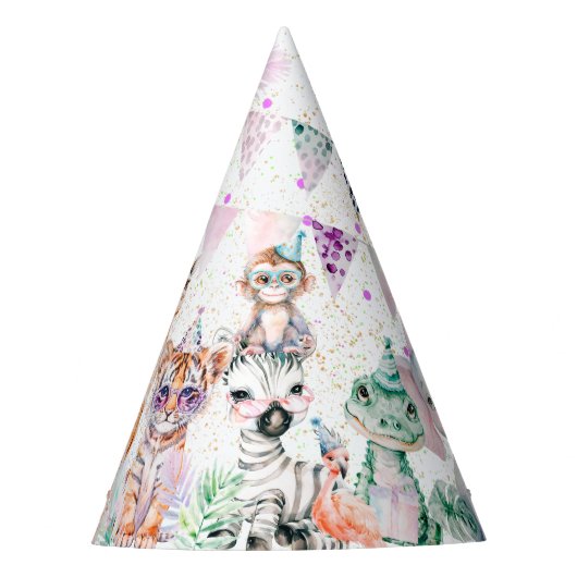 モダンパーティー動物サファリジャングルズー誕生日 パーティーハット (正面)