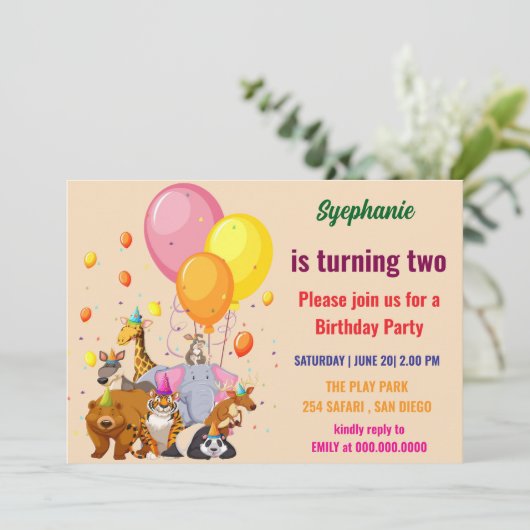 モダンパーティー動物虹カラー誕生日 招待状 (スタンド正面)