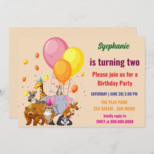 モダンパーティー動物虹カラー誕生日 招待状 (正面/裏面)