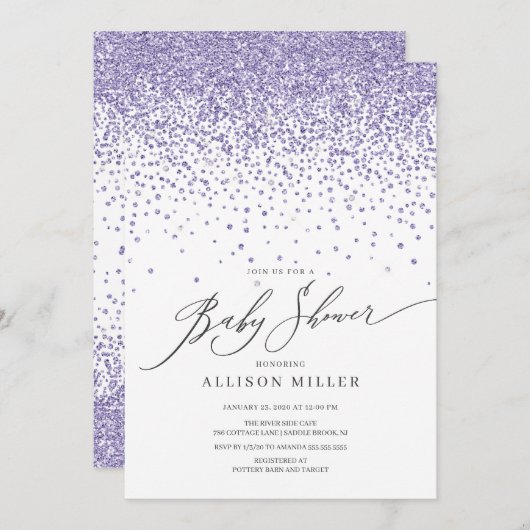 モダンパープルグリッターガールズベイビーシャワー 招待状 (正面/裏面)