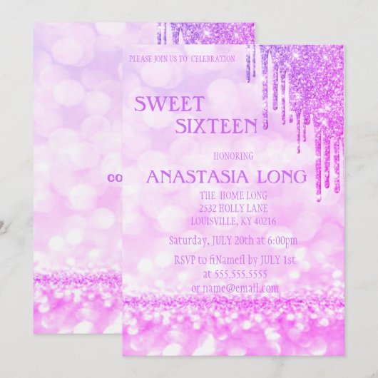 モダンパープルグリッター スウィート16 セーブザデート (正面/裏面)