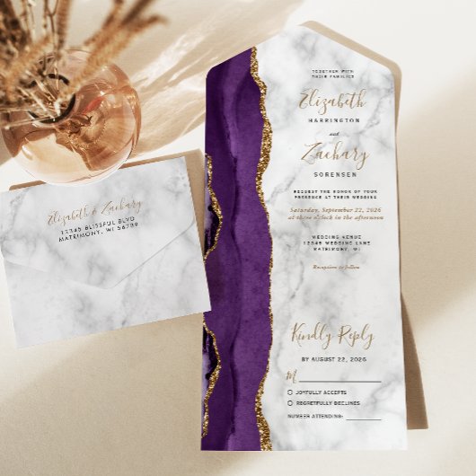 モダンパープルゴールドアゲート大理石結婚式 オールインワン招待状