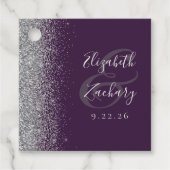 モダンパープルシルバーグリッターウェディング フェイバータグ (正面)