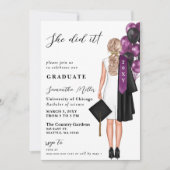 モダンパープルフォト 彼女が成し遂げた 卒業 招待状 (正面)