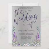 モダンパープルフラワー & シルバーメタリック ウェディング 招待状 (正面)