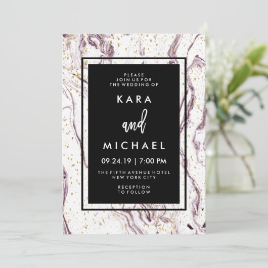 モダンパープルマーブルとフェイクゴールドフレークの結婚式 招待状 (スタンド正面)