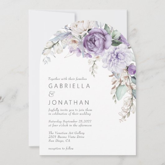 モダンパープル水彩花のウェディング招待状 招待状 (正面)