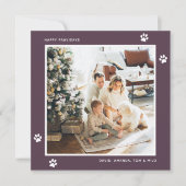 モダンパープル猫犬飼い主写真クリスマスカード シーズンカード (正面)