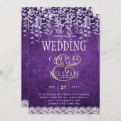 モダンパープル藤のレースのウェディング 招待状 (正面/裏面)