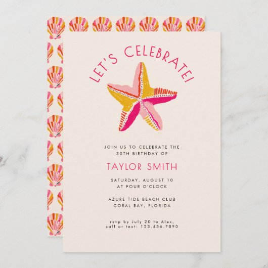 モダンビーチはっきりしたスターフィッシュピンクバースデーパーティー 招待状 (正面/裏面)