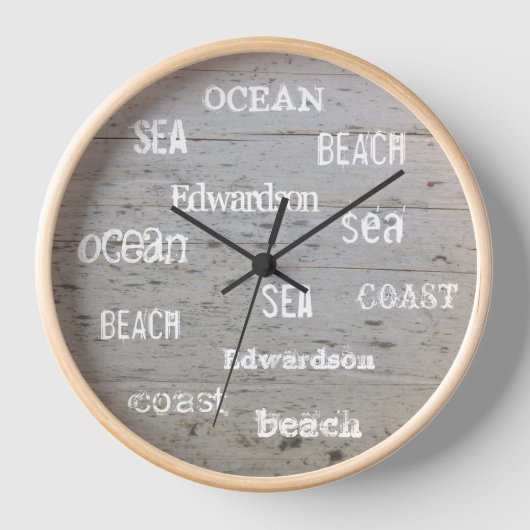 モダンビーチウッド海スクリプトファミリ名 壁時計 (正面)