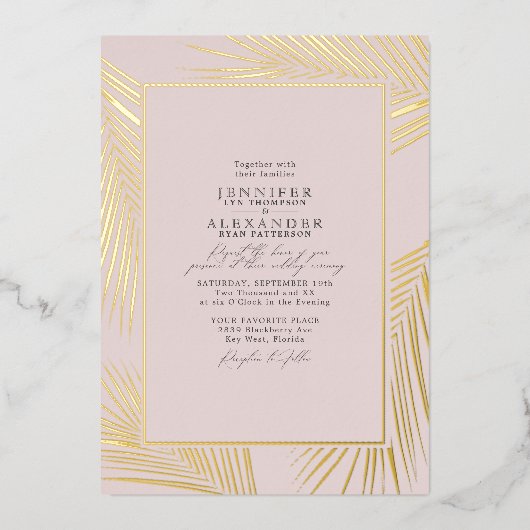 モダンビーチコーストおよびRSVP QRコードの結婚金ゴールド 箔招待状 (正面)