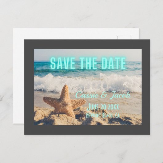 モダンビーチシーン縁どグレイ日付の保存 案内ポストカード (正面/裏面)