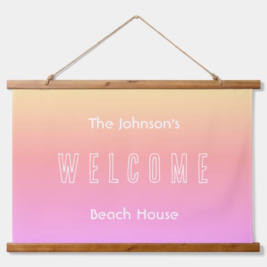 モダンビーチハウスファミリー名ウェルカムサイン 吊り下げ型タペストリー (正面)
