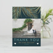 モダンビーチパーム金ゴールドブルーティール（緑がかった色）トロピカル結婚ズ サンキューカード (スタンド正面)