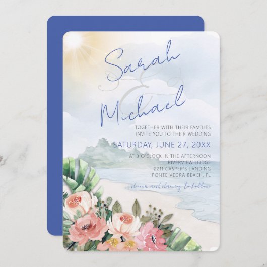 モダンビーチ及びフローラ結婚式招待状 招待状 (正面/裏面)