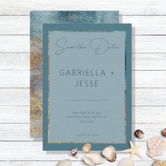 モダンビーチ抽象芸術ティール（緑がかった色）と金ゴールド日付の保存 セーブザデート
