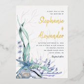 モダンビーチ水色ブルーシェル結婚ズ金ゴールド 箔招待状 (正面)