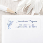 モダンビーチ結婚式ブルーとホワイト差出人住所 ラベル (インサイチュ)