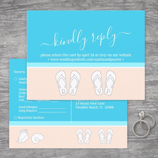 モダンビーチ結婚式RSVP食事選択曲要求 インビテーションポストカード