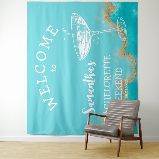 モダンビーチ金ゴールドターコイズ青バチェロレッテ タペストリー (インサイチュ)
