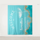 モダンビーチ金ゴールドターコイズ青バチェロレッテ タペストリー (正面)