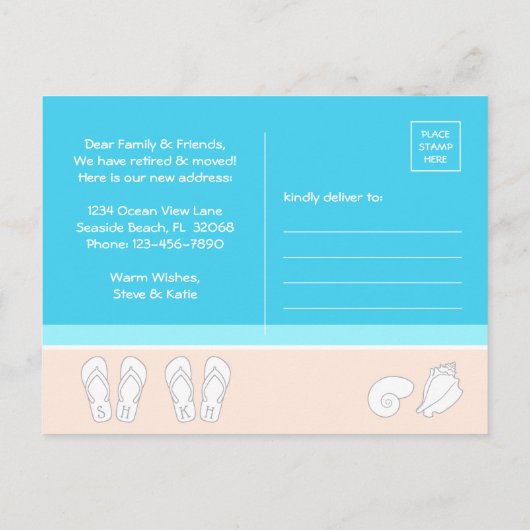 モダンビーチ&かわいいビーチサンダル新しいアドレス移動 案内ポストカード (裏面)