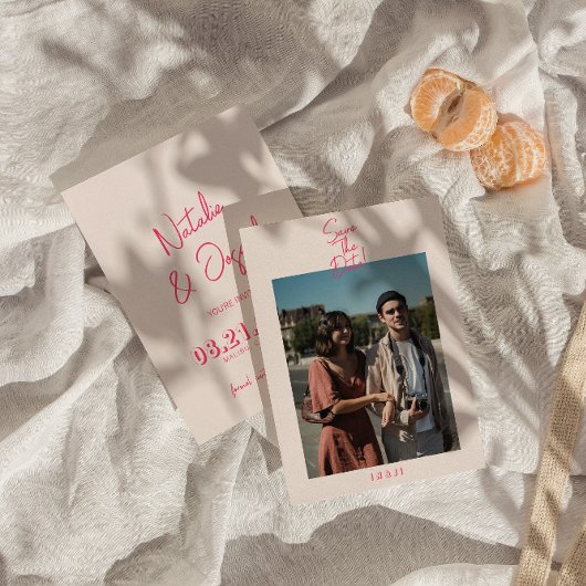モダンピお洒落ンク明るいレトロ写真結婚の セーブザデート