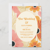 モダンピはっきりしたンクとイエローのレトロフローラ 招待状 (正面)